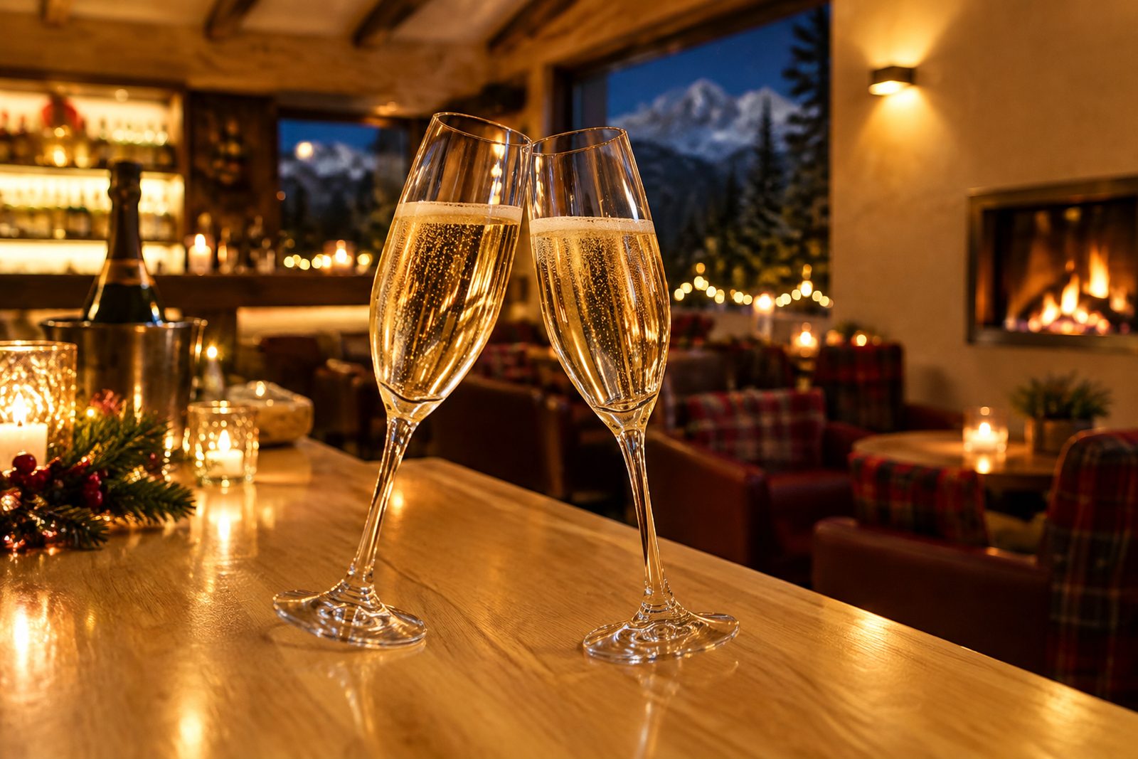 due calici di spumante che brindano sul bancone in legno del bar, con luci dorate e il camino sullo sfondo